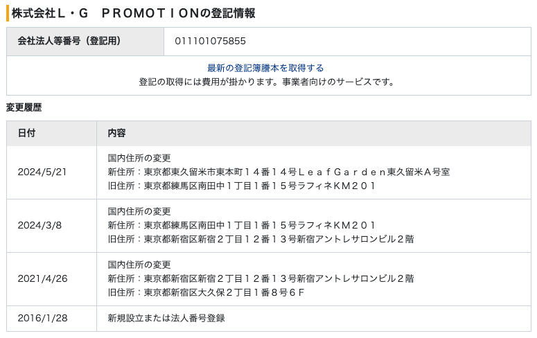 株式会社L・G PROMOTION変更履歴